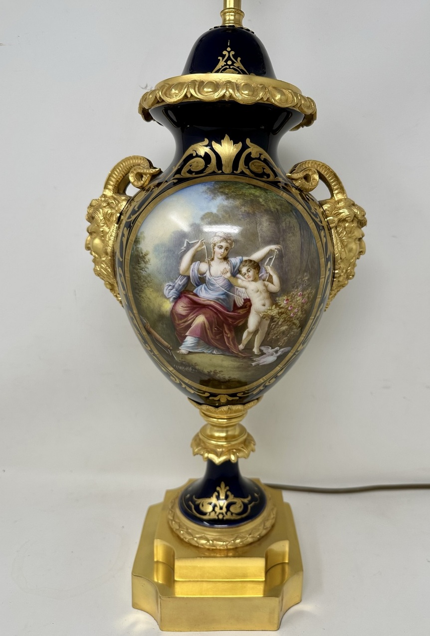 526. French Sèvres Porcelain Watteau Scene Ormolu Cobalt Blue Table Lamp Bronze Satyr - Image 3