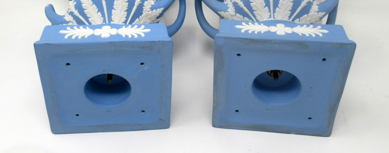356. Antique Pair of Blue Wedgwood Jasperware Ceramic Urns Vases Mythological Classical Scenes - Image 10