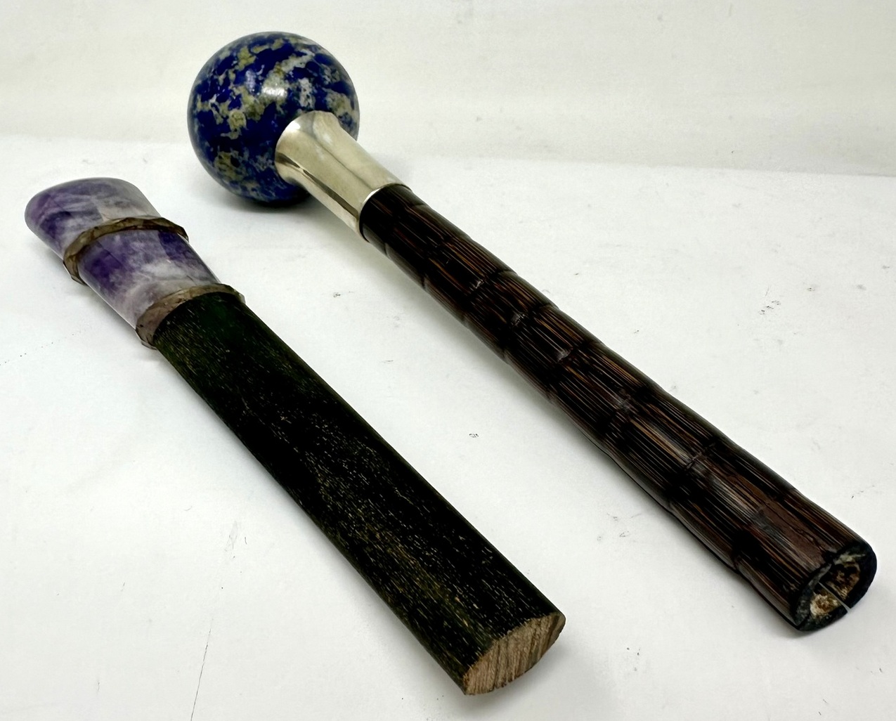 168. Antique Lapis Lazuli Blue John Amethyst Lady's Walking Stick Wooden Parts - Image 10