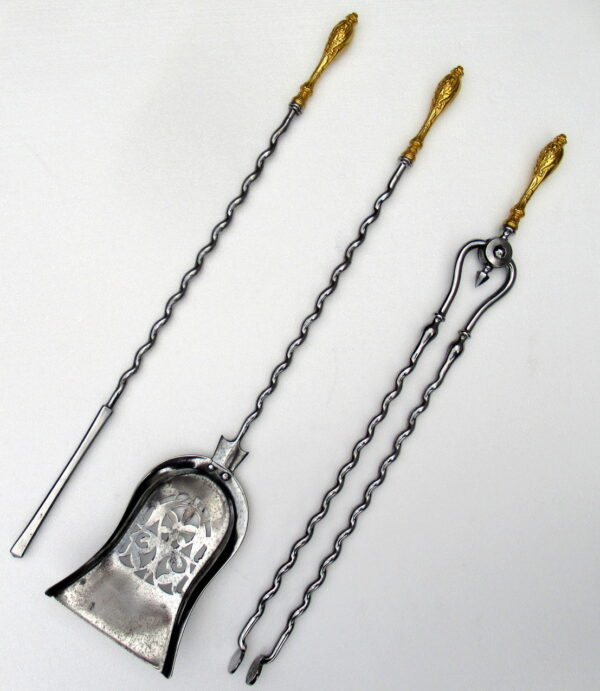 117. Set English Georgian Regency Burnished Steel Gold Plated Fire Tools Irons 18Ct