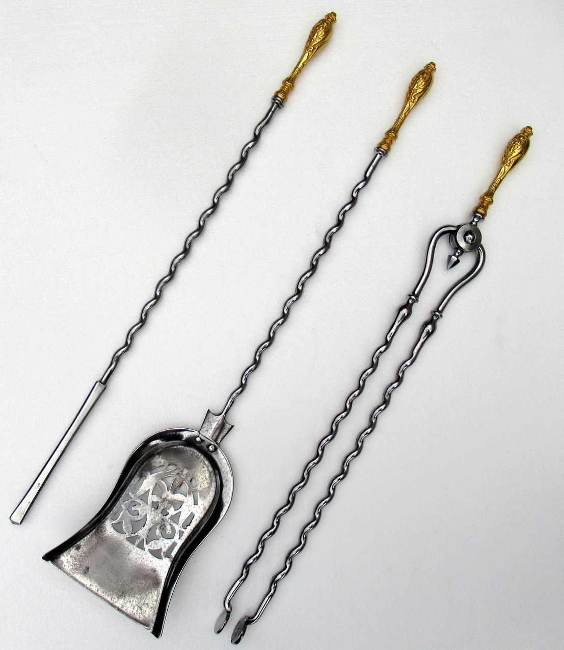 117. Set English Georgian Regency Burnished Steel Gold Plated Fire Tools Irons 18Ct