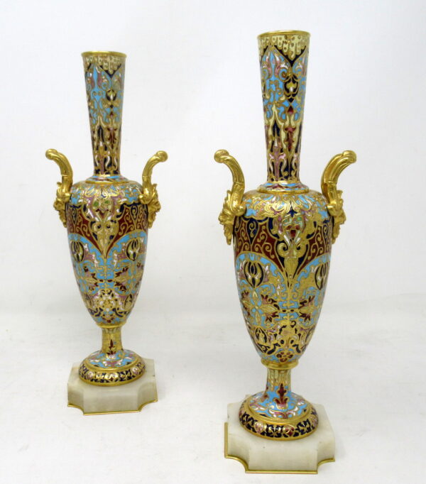 547. Antique Pair French Alabaster Champlevé Enamelwork Ormolu Gilt Bronze Vases Urns