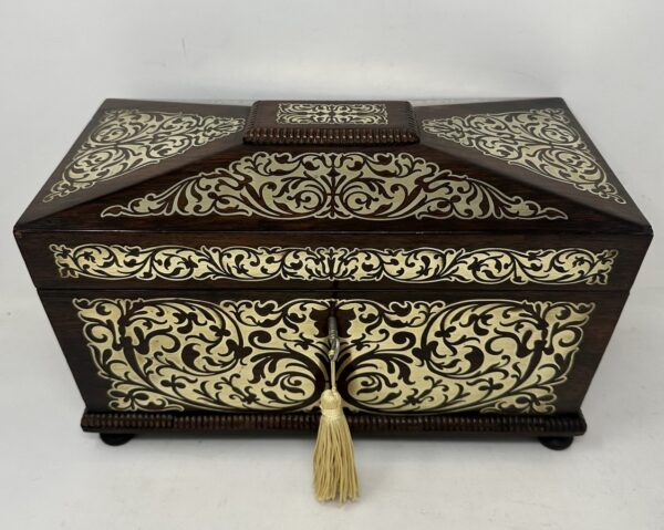 575. Antique Brass Inlaid Rosewood English Tea Caddy Box Regency Gillows Lancaster