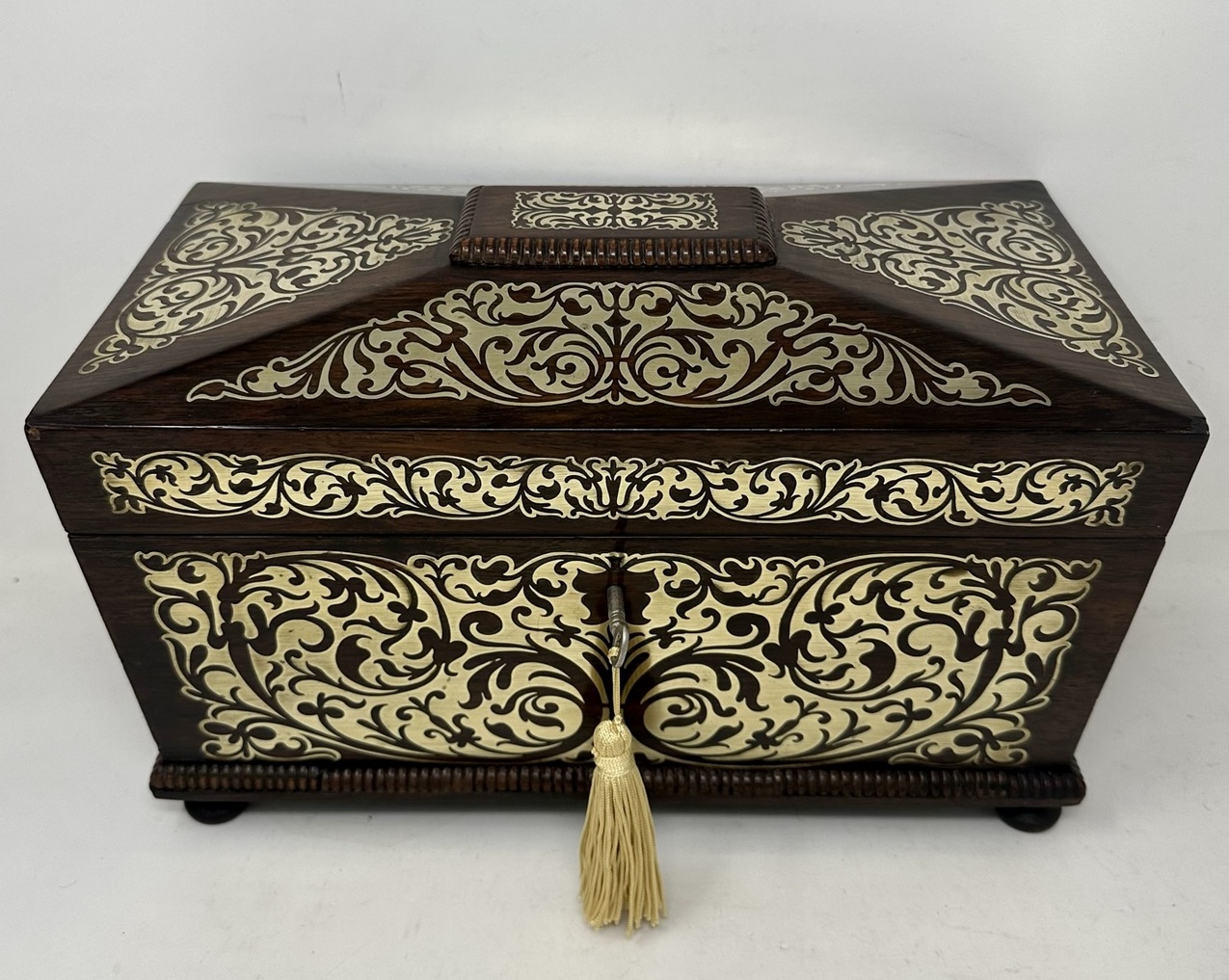 575. Antique Brass Inlaid Rosewood English Tea Caddy Box Regency Gillows Lancaster