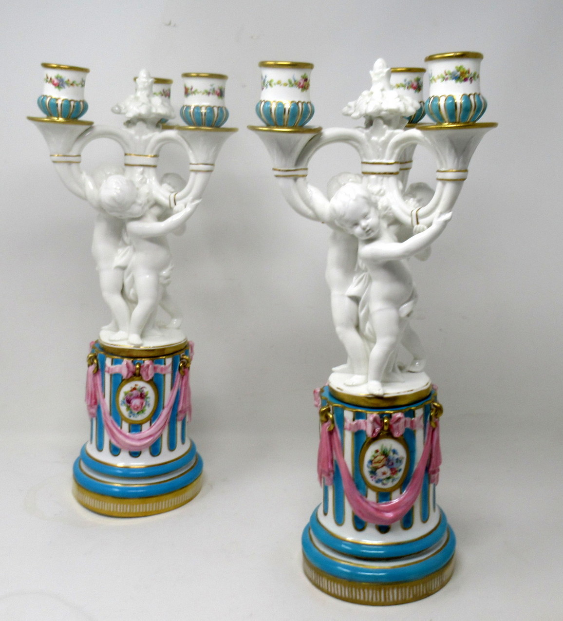 432. Antique Pair Minton Staffordshire Porcelain Candelabra Centerpieces Cherub 19C