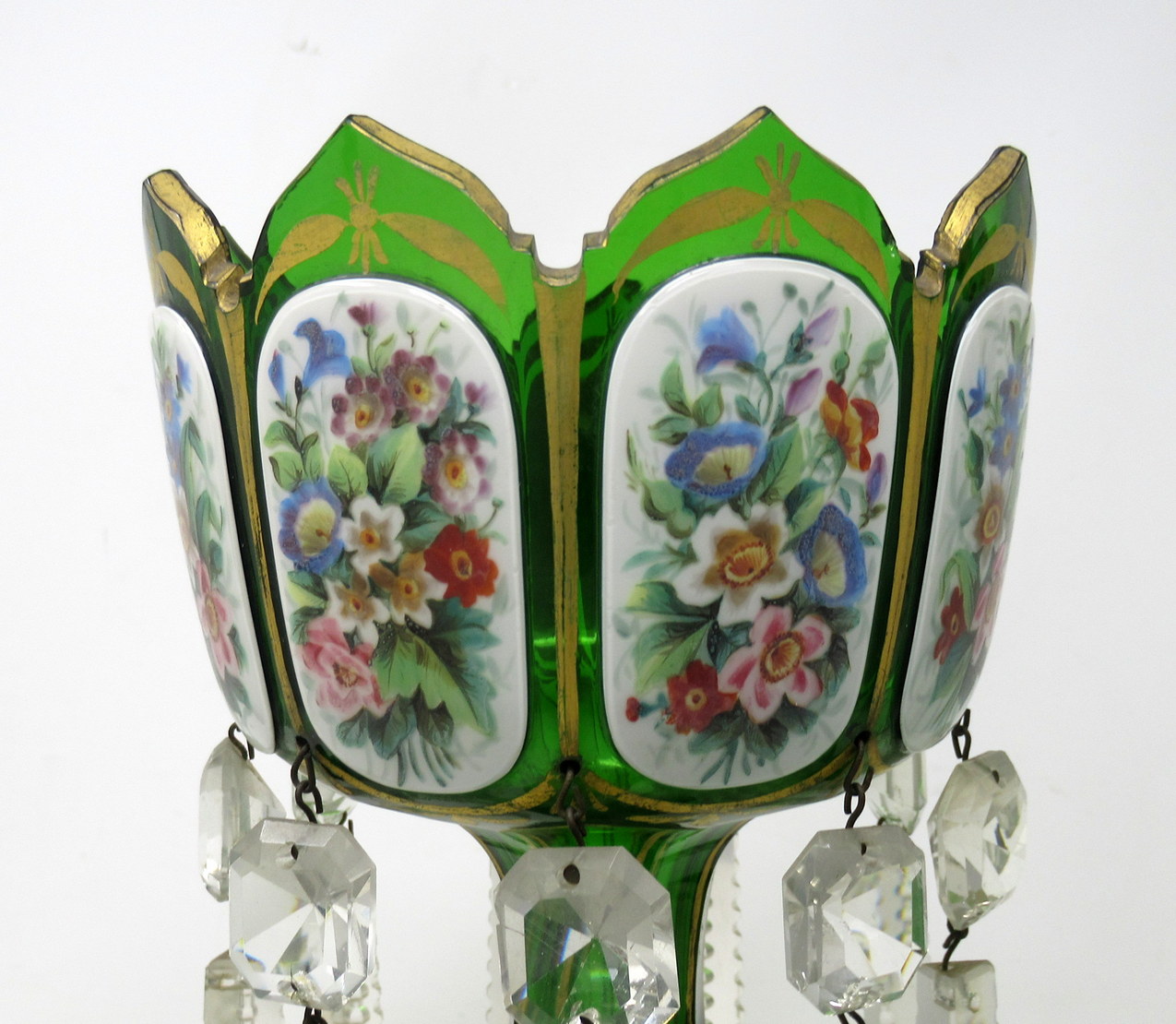 176. Antique Crystal Bohemian Emerald Green Enamel Pair Overlaid Lusters Candlesticks - Image 5