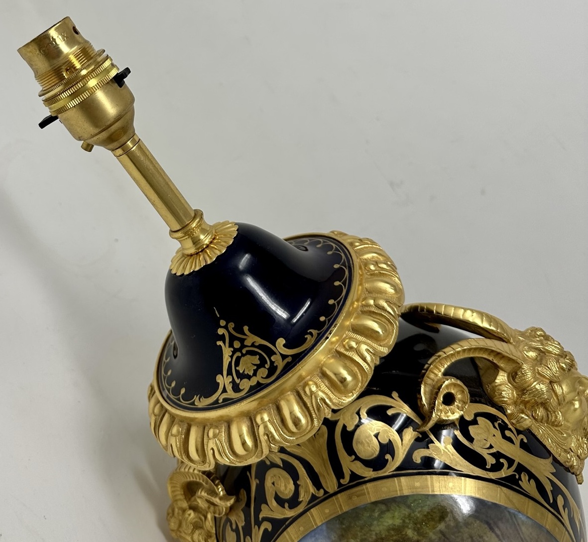 526. French Sèvres Porcelain Watteau Scene Ormolu Cobalt Blue Table Lamp Bronze Satyr - Image 10