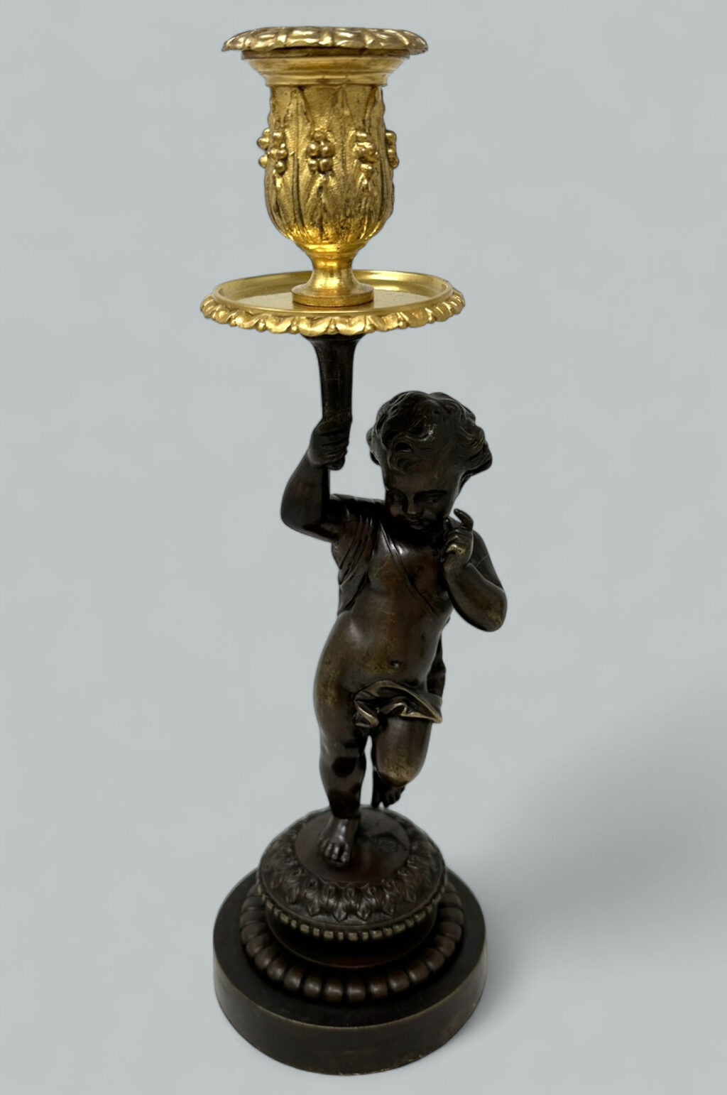 739. Antique Grand Tour Style French Ormolu Bronze Dore Cherub Putti Candlestick 19Ct