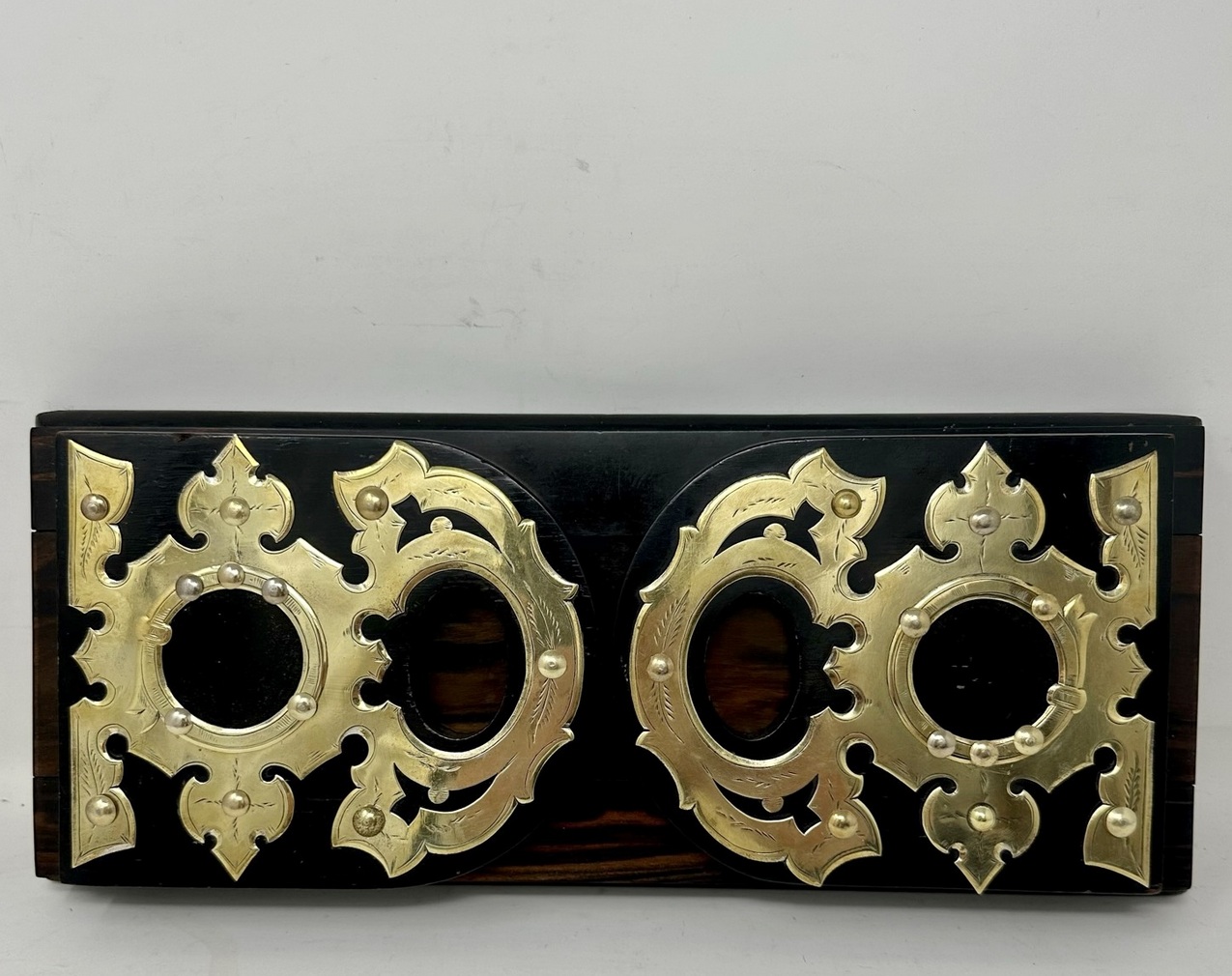 692. Antique Victorian Brass Inlaid Coromandel Library Book Trough Bookcase Holder - Image 4