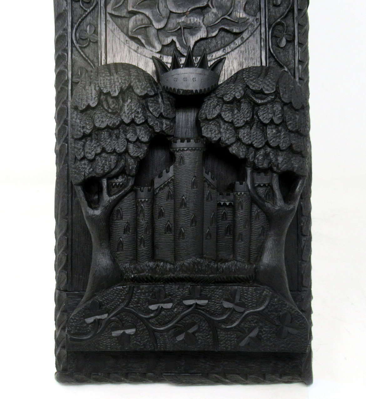 315. Irish Carved Bog Wood Oak Bookcase Harp Shamrock Cornelius Goggin Dublin Ireland - Image 7