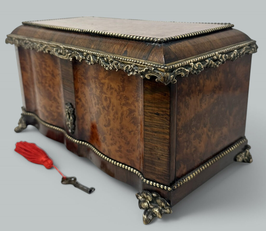 308. Antique Bronze Burl Walnut French Jewelry Sewing Casket Silk Lined Interior 19C