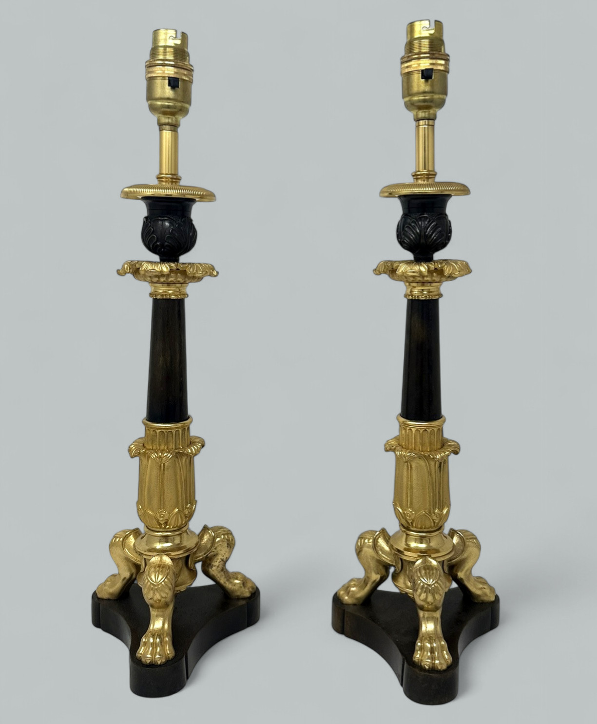 174. Antique Pair French Doré Bronze Neoclassical Ormolu Gilt Candlesticks Table Lamps - Image 3