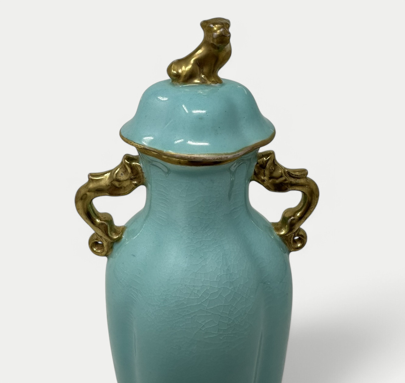 074. Antique Meissen Dresden Vase Urn Centerpiece Turquoise Blue Green Gilt Dragon - Image 3