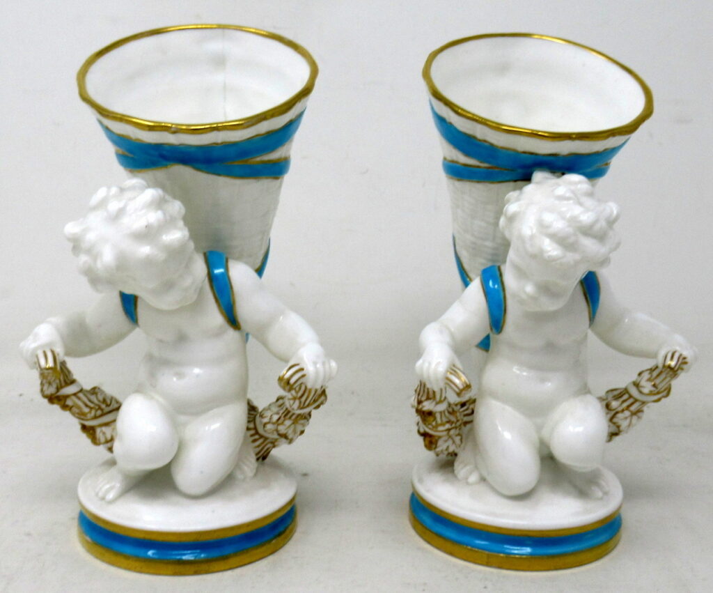 799. Antique Pair Minton Staffordshire Porcelain Vases Centerpieces Cherub Turquoise