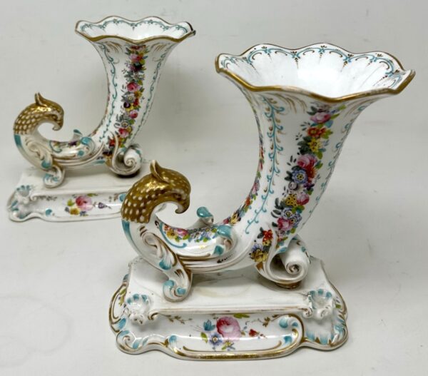 542. Antique Pair English Porcelain Cornucopia Vases Still Life Flowers Rockingham