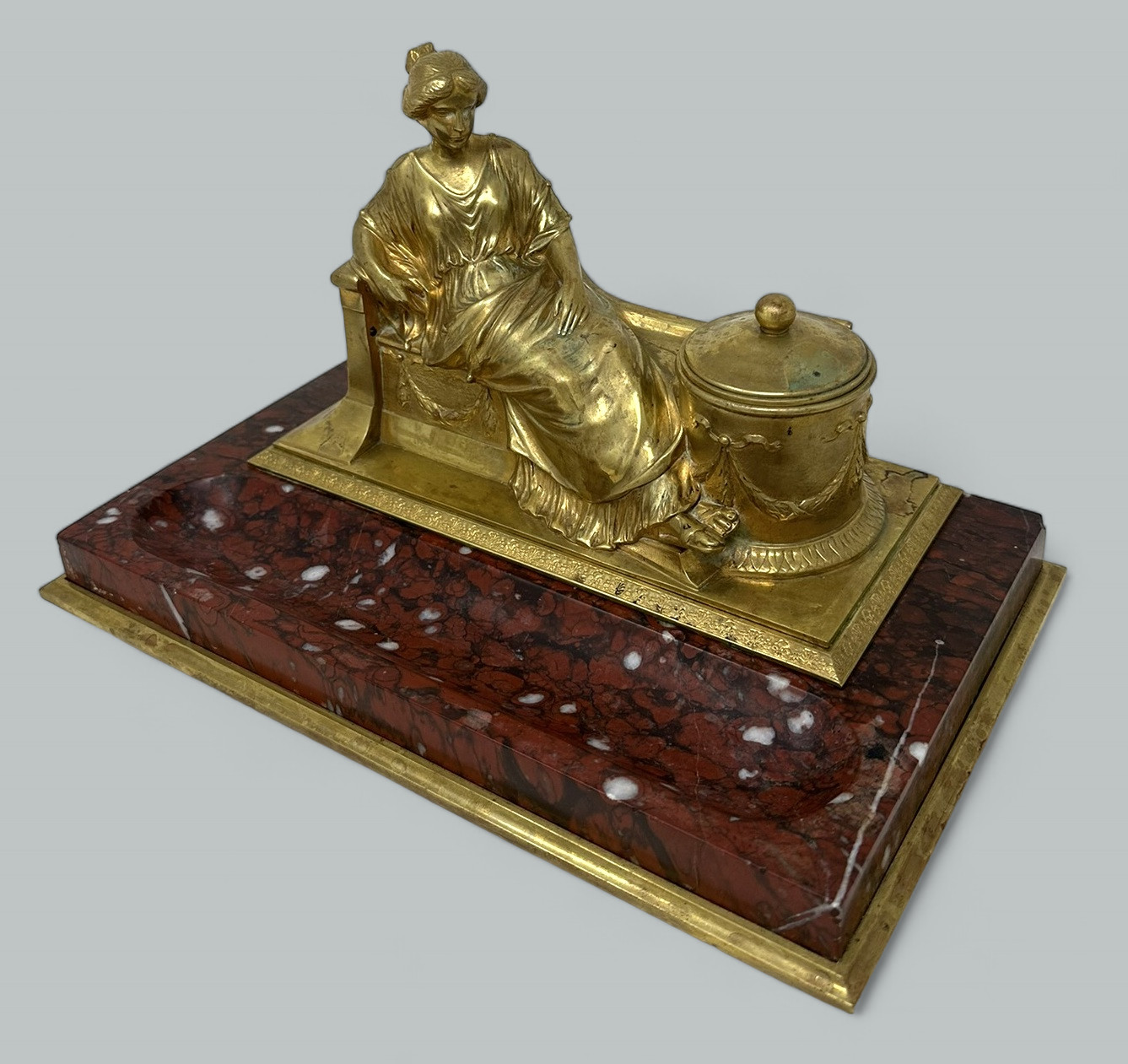 288. Antique German Bronze Desk Set Inkstand Rosso Antico Marble Ormolu Burgstaller - Image 2