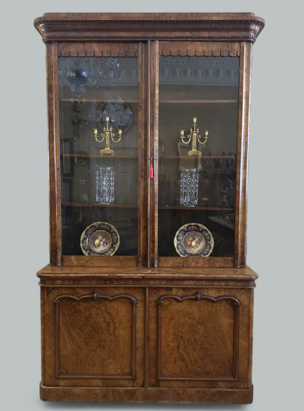 163. Antique Irish Burl Walnut Two Door Bookcase attrib Robert Strahan Dublin Ireland