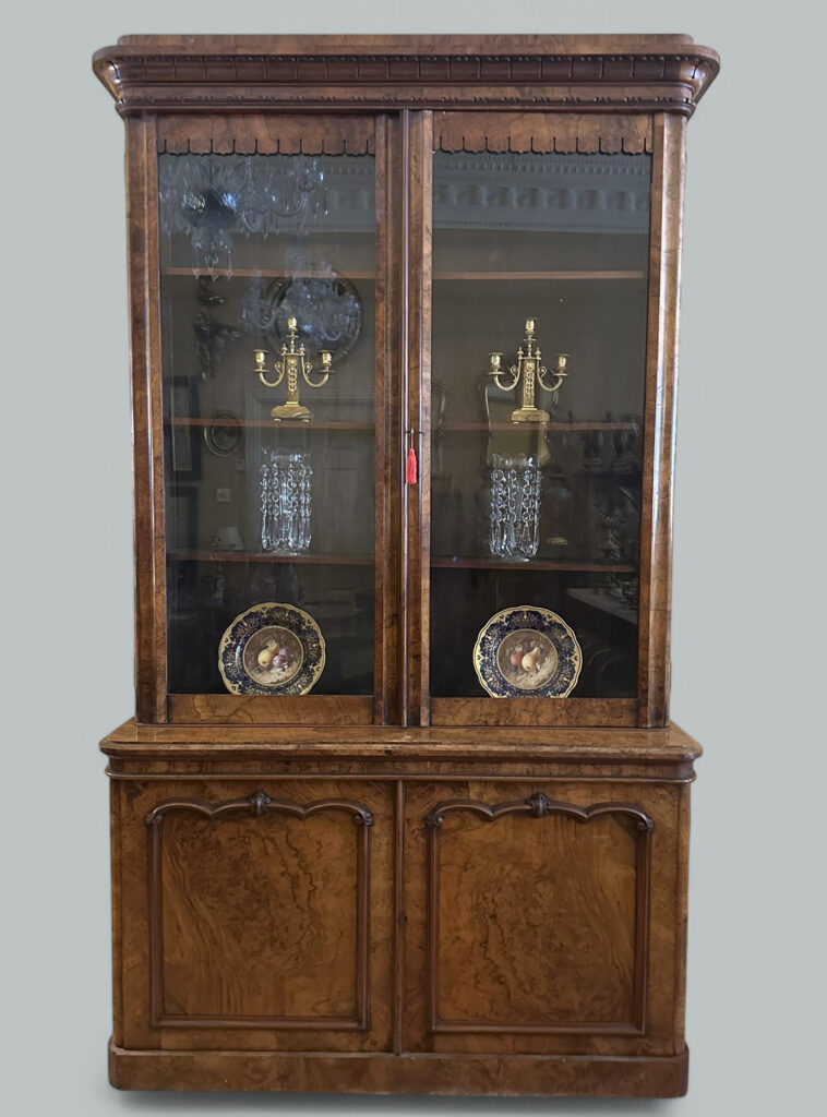 163. Antique Irish Burl Walnut Two Door Bookcase attrib Robert Strahan Dublin Ireland