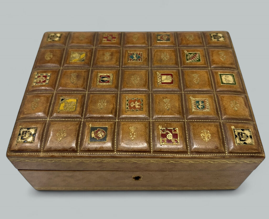 553. SOLD. Antique Vintage Italian Lady's Gentleman's Faux Leather Gilt Jewelry Casket Box