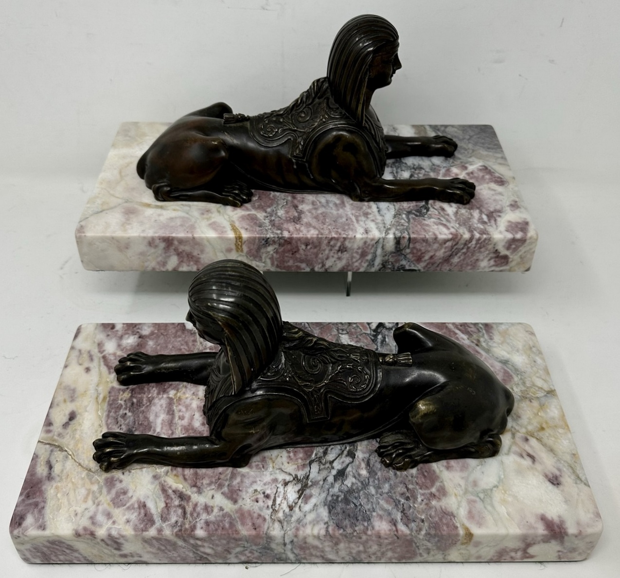 208. Antique Pair Grand Tour Bronze Egyptian Sphynx Figures Breche Violet Marble 19Ct
