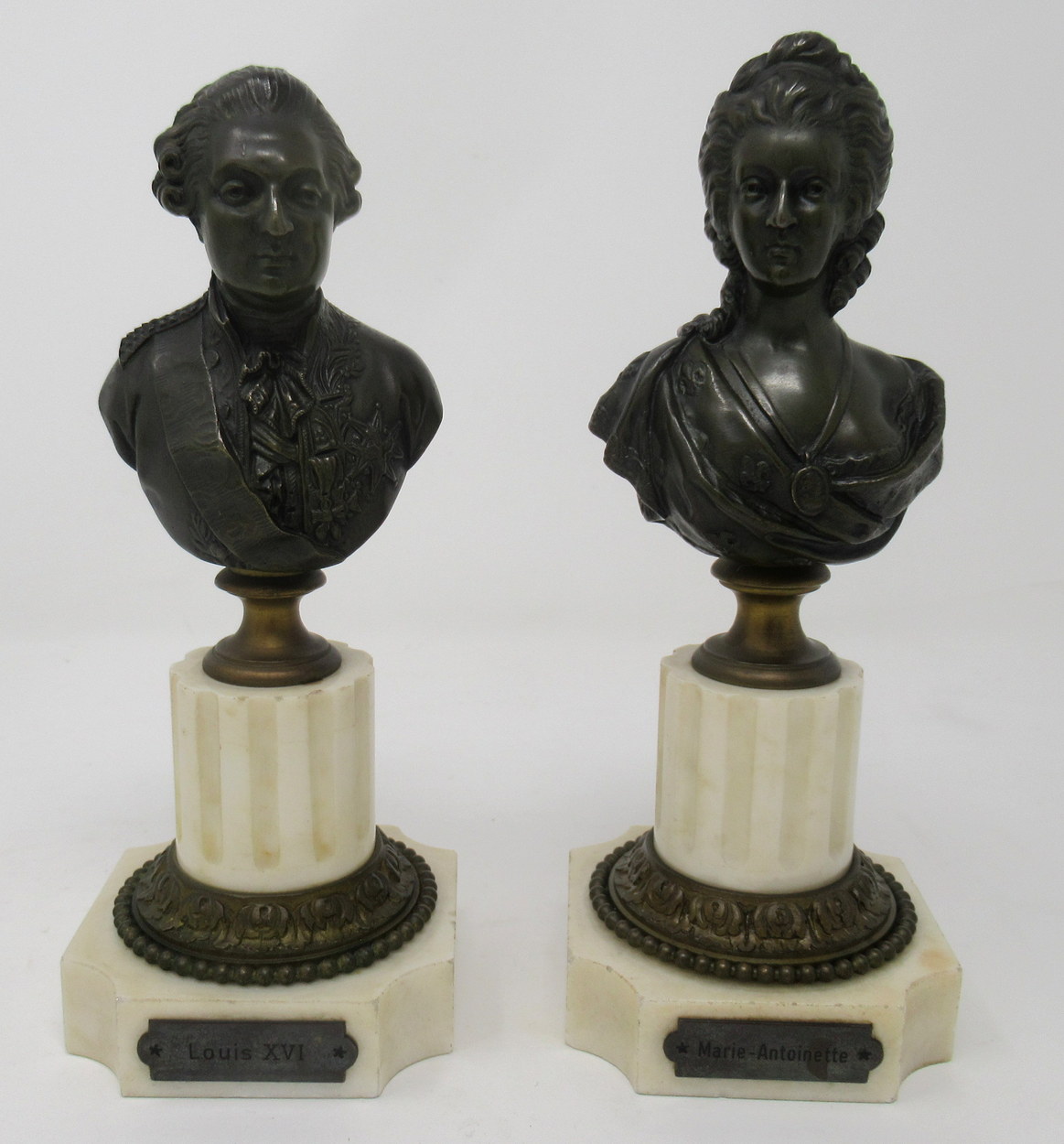 859. Fine Pair Grand Tour French Marble Bronze Busts Marie Antoinette Louis XVI 19Ct - Image 2