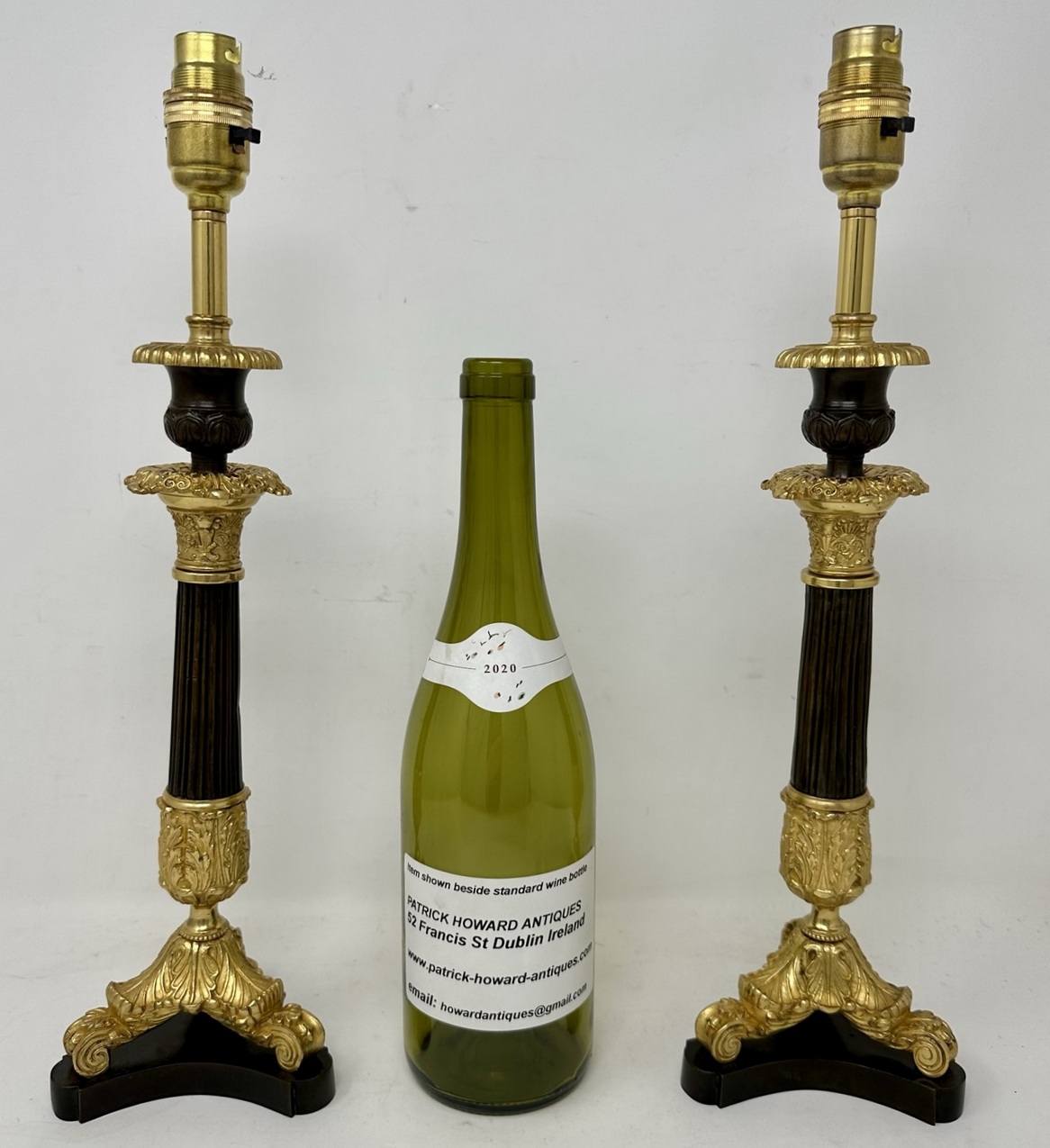 077. Antique Pair of French Doré Bronze Neoclassical Ormolu Gilt Candlestick Lamps - Image 10