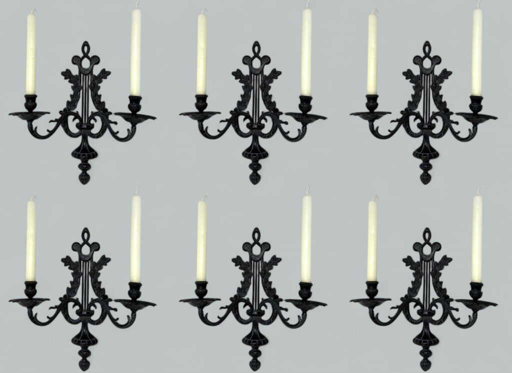 602. Antique Set Six Patinated Bronze French Twin Light Wall Candle Sconces Appliques