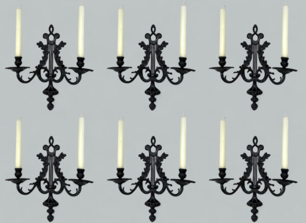 602. Antique Set Six Patinated Bronze French Twin Light Wall Candle Sconces Appliques