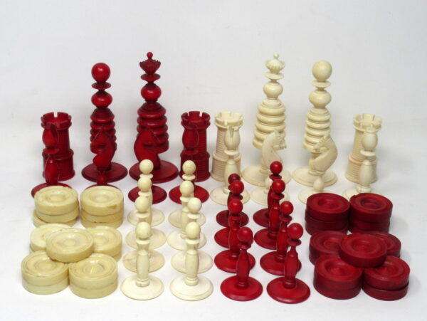 092. Antique Set Jacques Barleycorn Hand Carved Ivory Chess Board Pieces Set Draughts