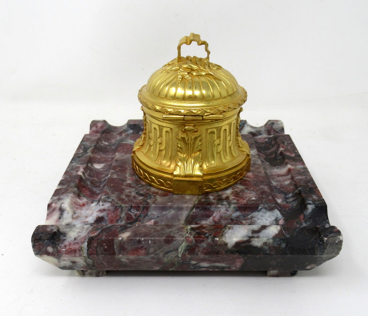 299. Antique French Ormolu Gilt Bronze Breche Violete Marble Desk Inkwell Centerpiece - Image 6