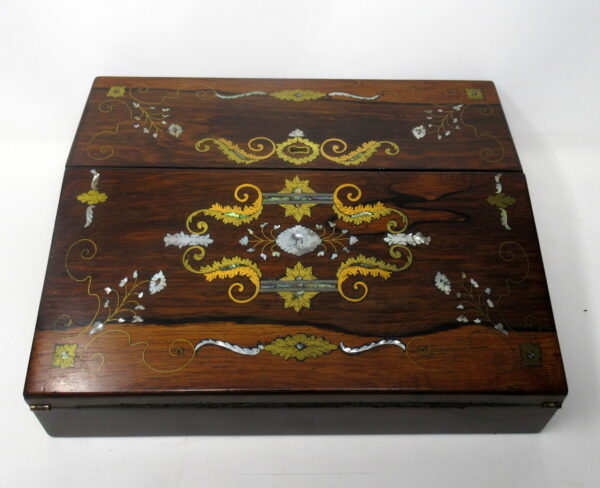 690. Rare Irish Rosewood Mother of Pearl Writing Slope by Austins Dublin Circa 1860
