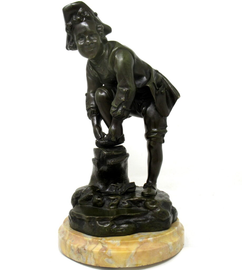 273. Antique French Bronze Figure Male Ice Skater Sienna Marble Nineteenth Century