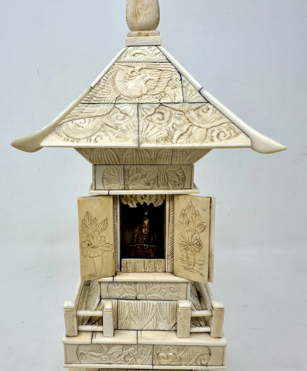 318. Antique Victorian Religious Chinese Export Ivory Bone Carved Pagoda Sculpture - Image 9