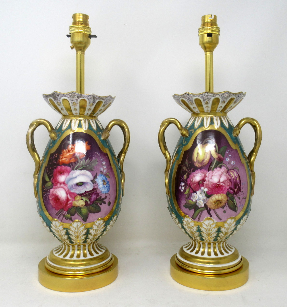 539. Antique Pair English Staffordshire Porcelain Table Lamps Ridgway or Rockingham - Image 3