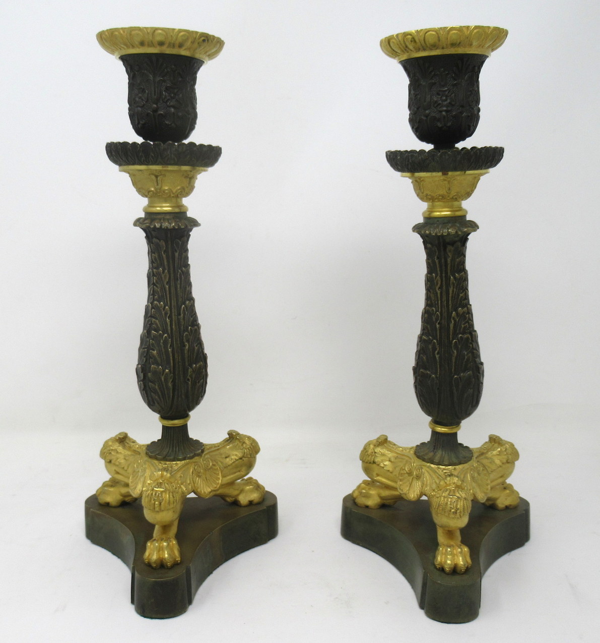 425. Pair of Ormolu Patinated Gilt Bronze Acanthus Empire-Style Candlesticks 19th Ct - Image 3
