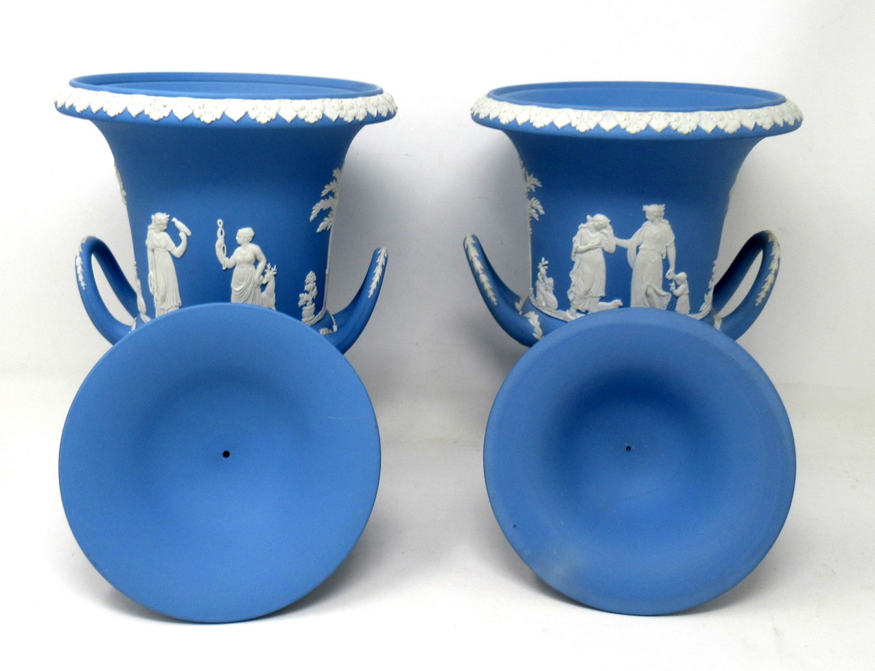 356. Antique Pair of Blue Wedgwood Jasperware Ceramic Urns Vases Mythological Classical Scenes - Image 6