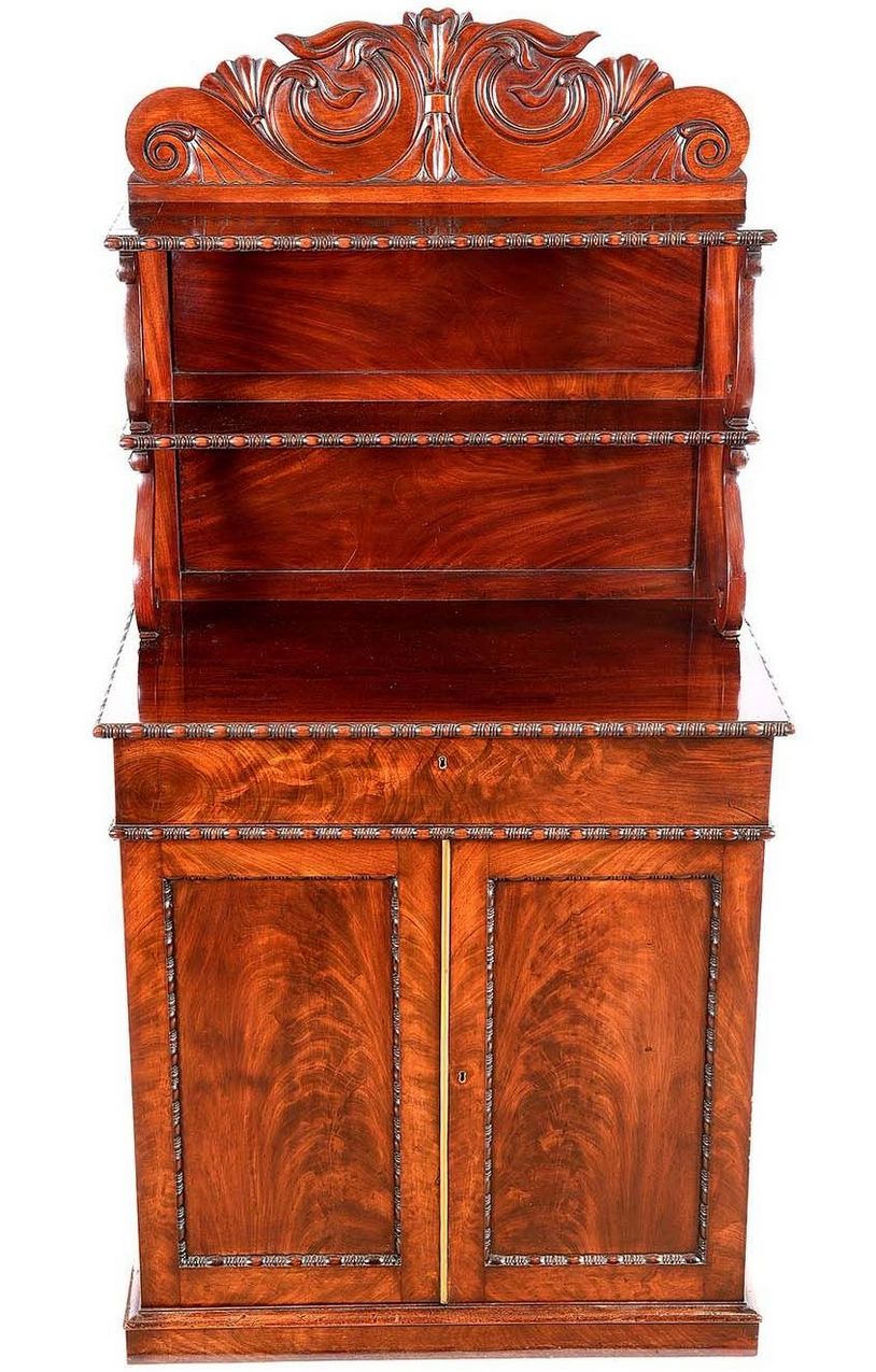451. Flame Mahogany Twin Door English Carved Chiffonier Sidecabinet Late Regency - Image 4