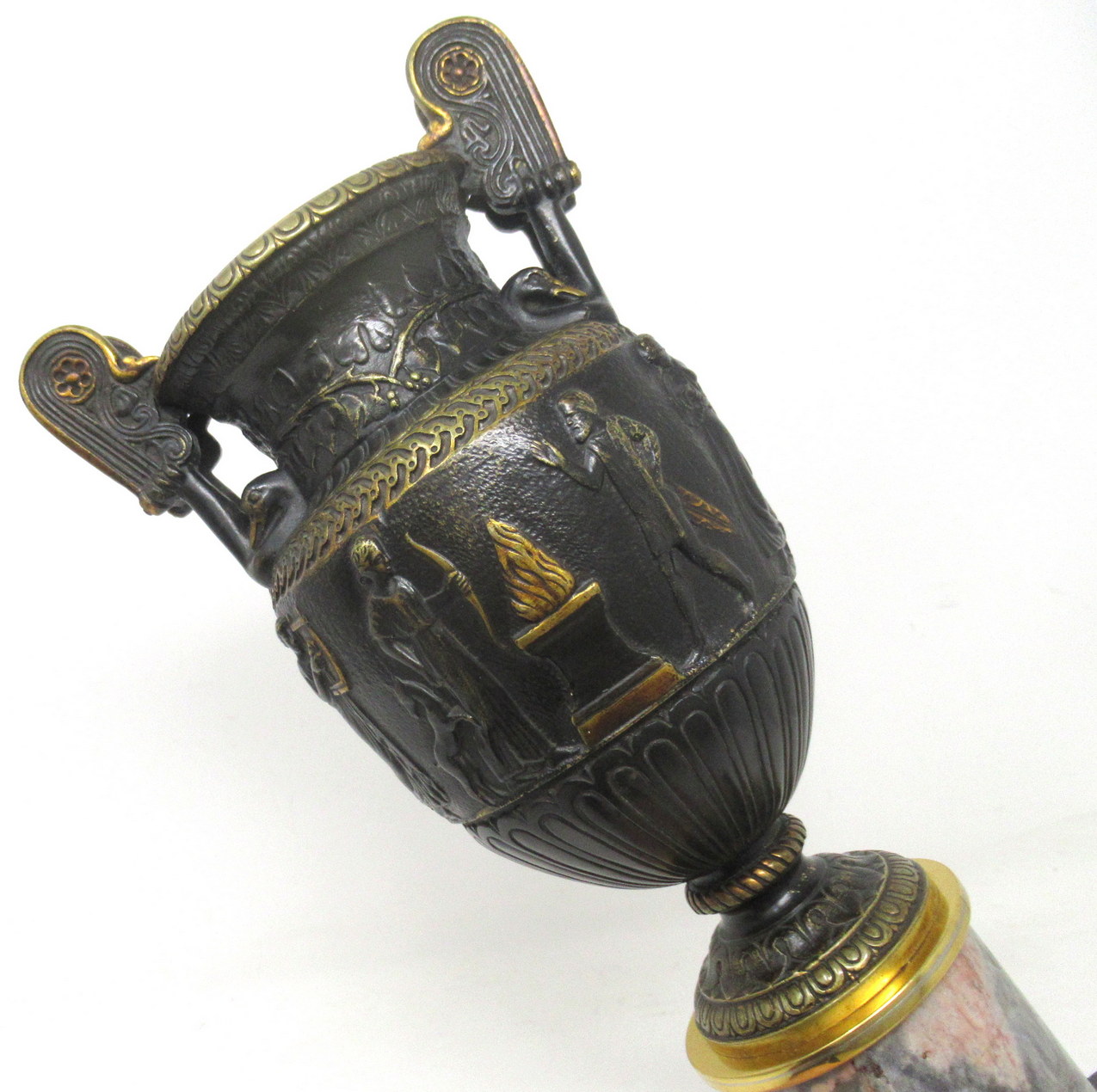 928. Antique Pair French Bronze Ormolu Townley Urns Vases Breche Violette Marble 19Ct - Image 6