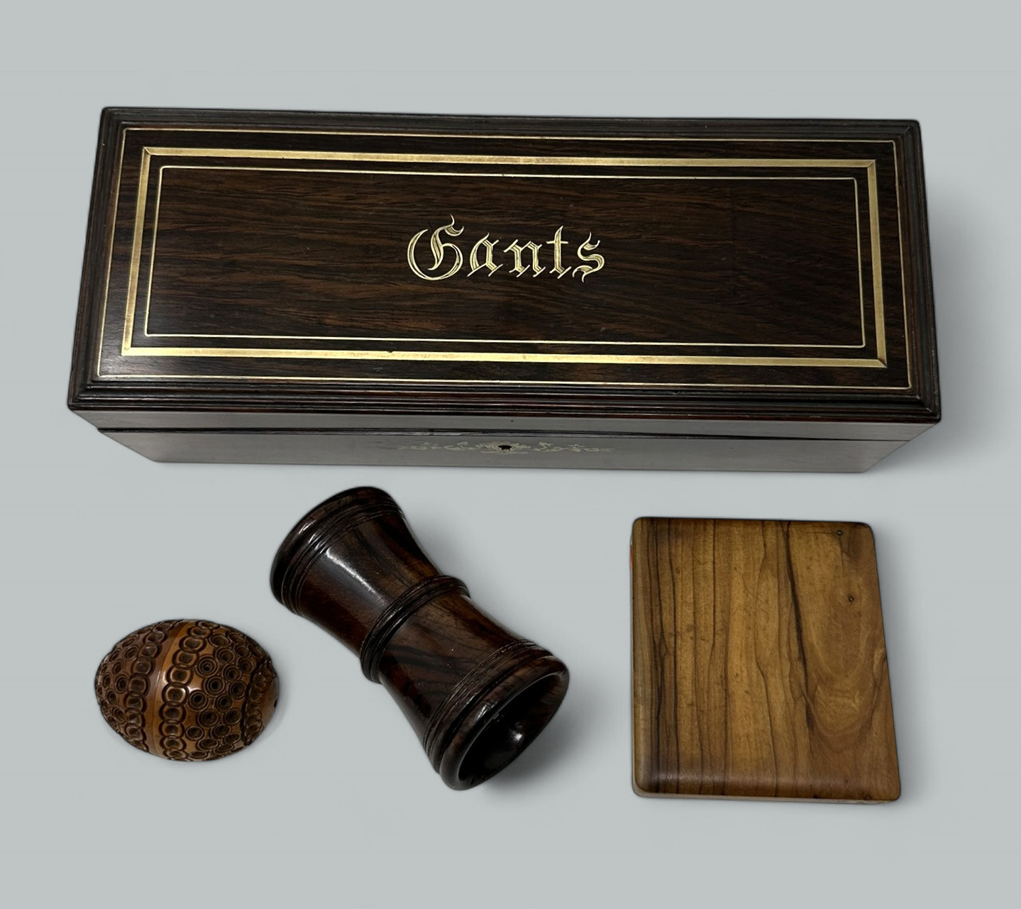 663. Antique Treen Ware Coquilla Nut, Glove Box, Chess Dice Shaker, Lady's Card Case - Image 2