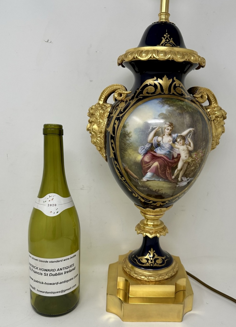 526. French Sèvres Porcelain Watteau Scene Ormolu Cobalt Blue Table Lamp Bronze Satyr - Image 11