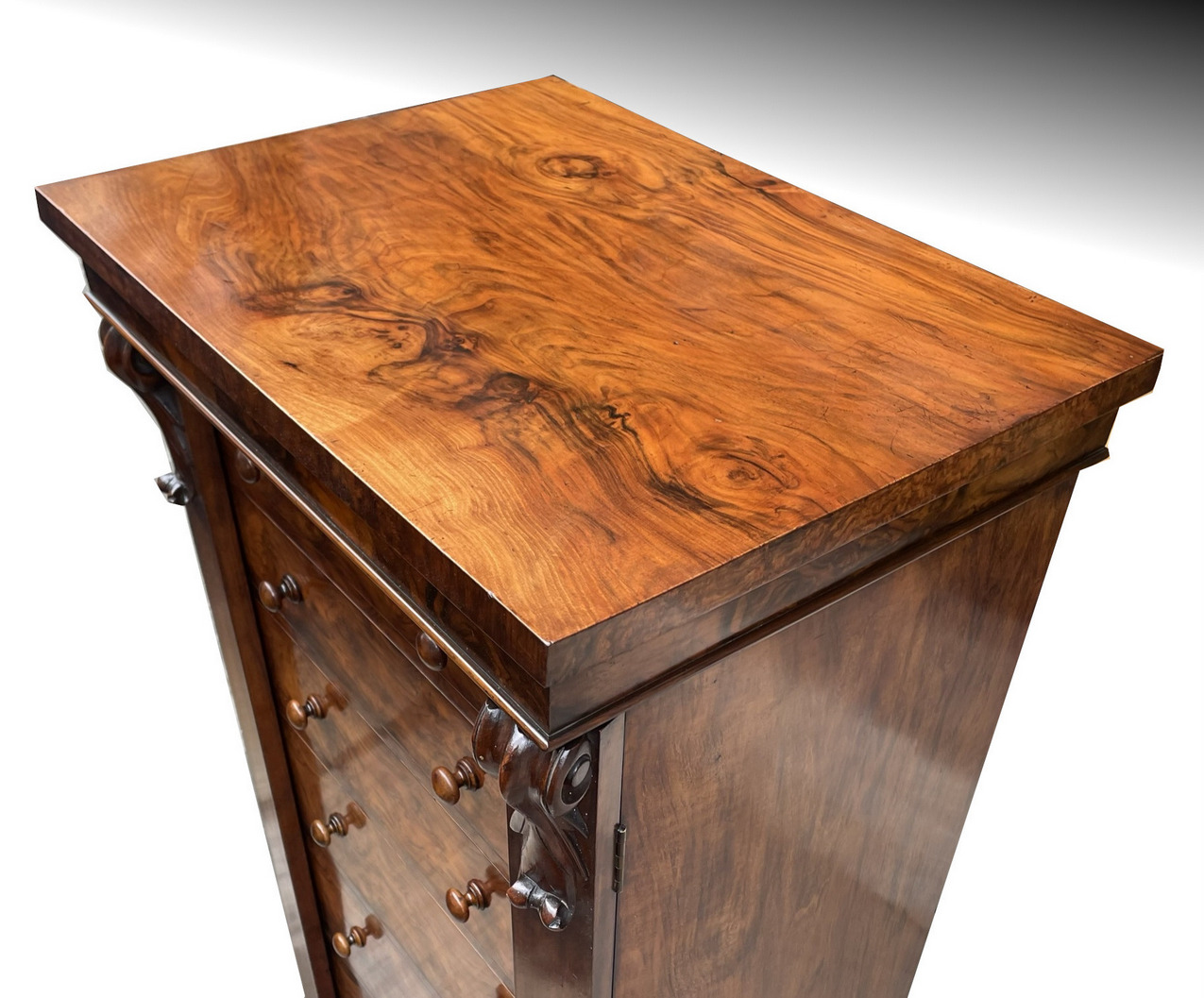 617. Antique Burl Walnut Welling Chest Drawers Irish Provenance Sir Thomas Kelly-Kenny - Image 8