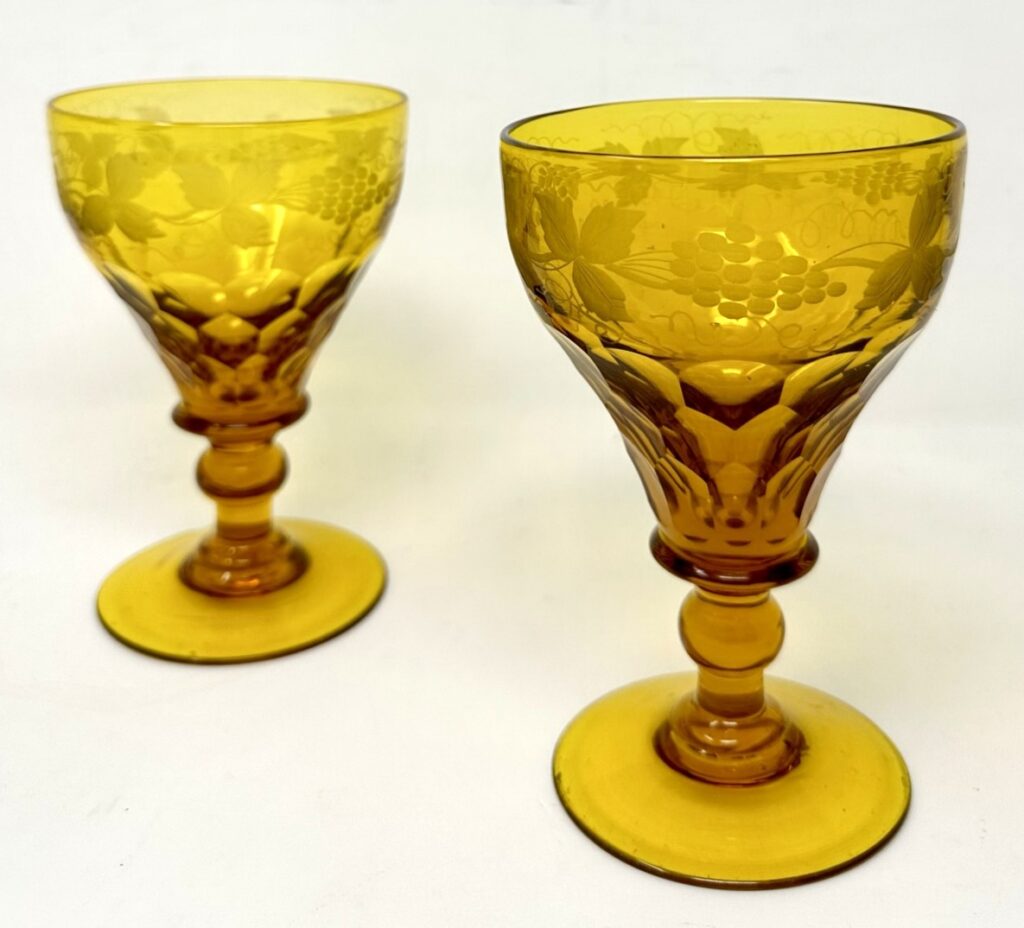 607. SOLD. Antique Victorian Pair Wine or Water Drinking Glasses Bohemian Hand Cut Crystal