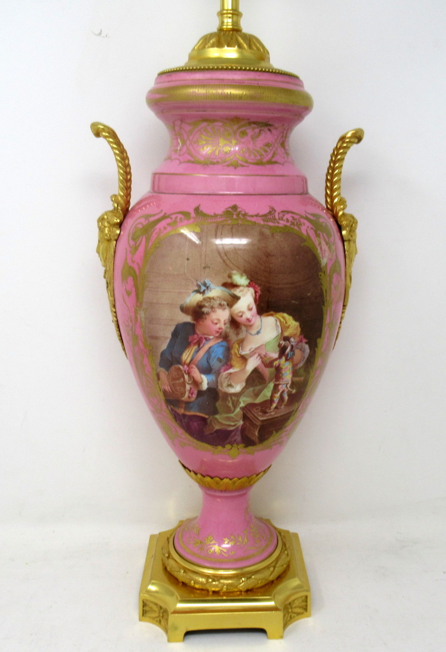 570. Antique French Sèvres Gilt Bronze Porcelain Vase Ormolu Pompadour Pink Table Lamp - Image 2