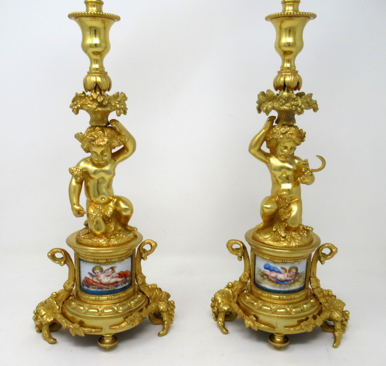 509. Antique Pair French Sèvres Celeste Porcelain Gilt Bronze Cherub Table Lamps 19Ct - Image 2