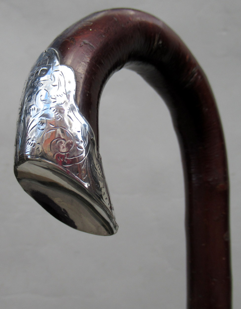 236. Hazel Crook Handle Walking Stick Silver Mounts 1903 - Image 4