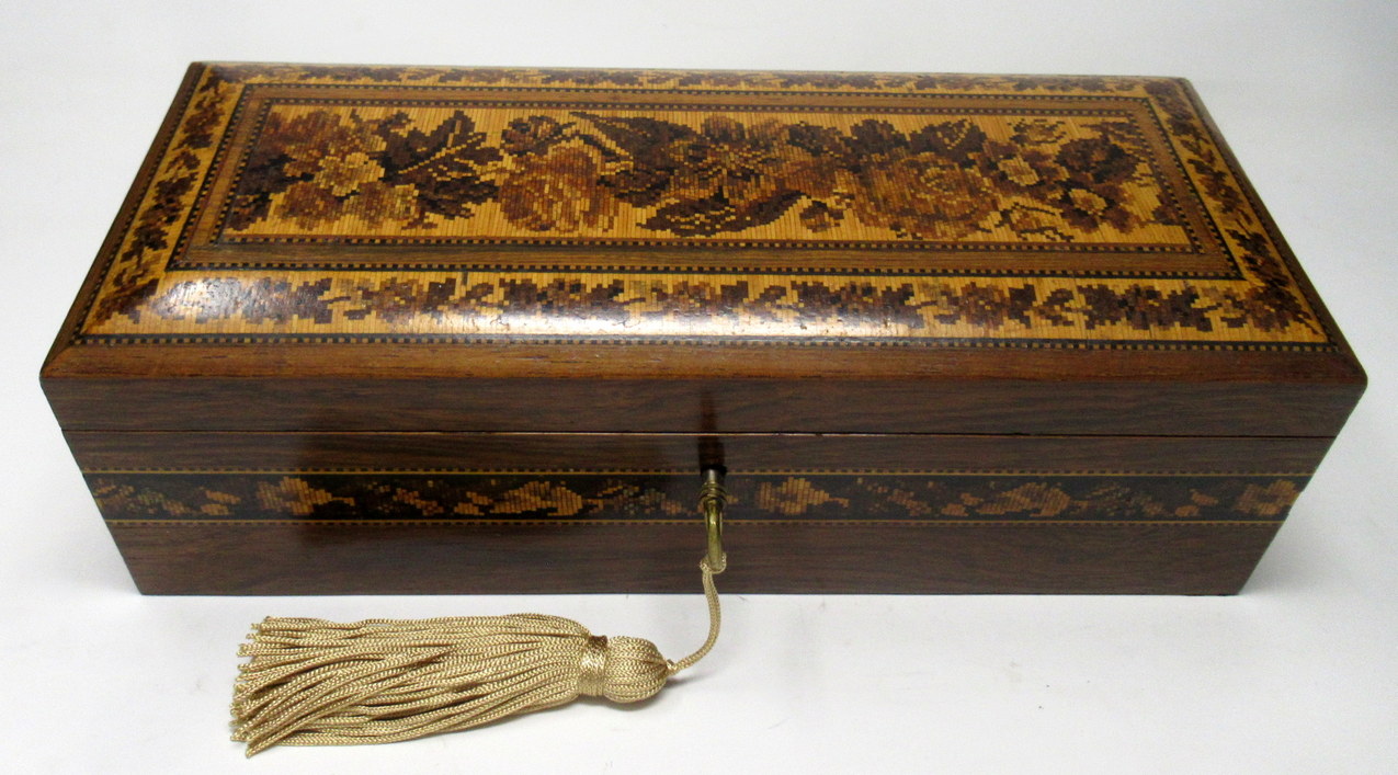 376. Fine Tunbridge Ware Rosewood Micro Mosiac Victorian Glove Box by Edmund Nye 19thCt - Image 4