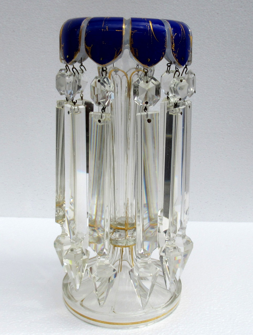 313. Pair of Hand Cut Lead Crystal Bohemian Cobalt Blue Enameled Gilt Lusters 19thCt - Image 3