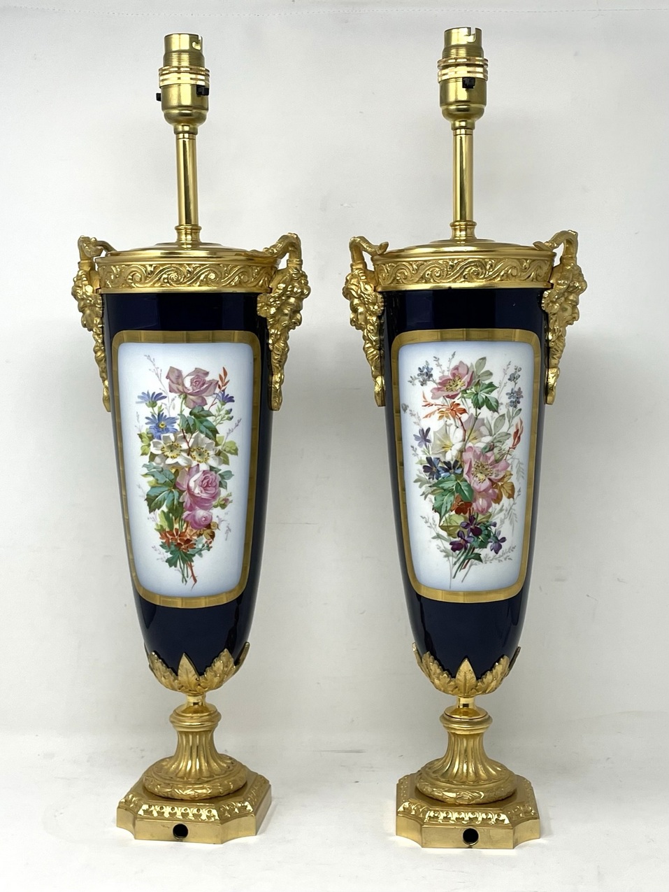 116. Pair Antique French Sèvres Porcelain Ormolu Gilt Bronze Dore Table Urn Lamps - Image 2