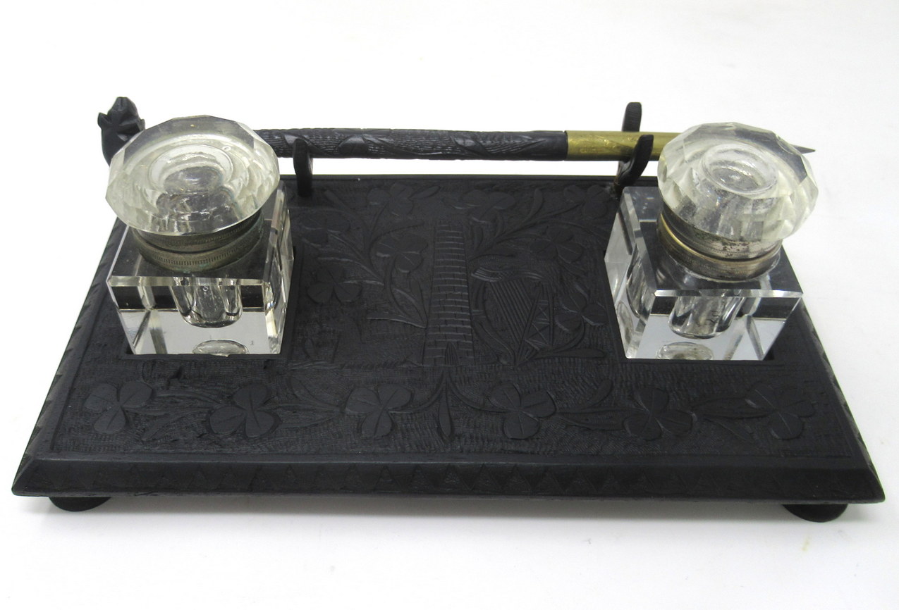 158. Irish Carved Bog Oak Desk Set Candlestick Shamrock Harp Greyhound Dublin Ireland - Image 10