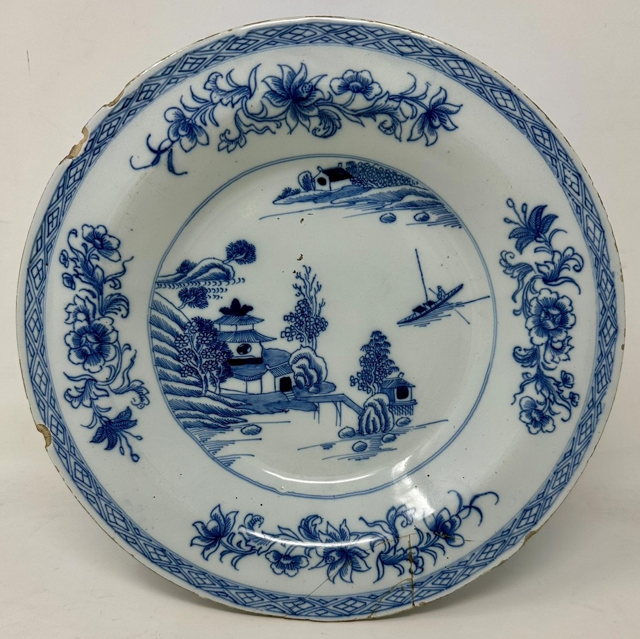 875. Antique Irish Dublin Delftware Blue White Chargers Plates Delamain Ireland Pair - Image 2